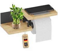 welldoo® Porte-papier toilette double étagère en bambou certifié FSC | Porte-rouleau de papier toilette en bois | Noir à coller ou à percer