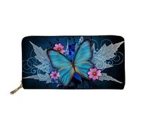 WELLFLYHOM Blue Butterfly Portefeuille long en cuir avec fermeture éclair et 4 emplacements pour cartes et porte-monnaie pour adolescentes, bleu, Décontracté