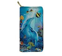 WELLFLYHOM Grand portefeuille de voyage en cuir avec fermeture éclair sur le pourtour pour femme, pochette de voyage pour femme, motif dauphin Ocena, grand portefeuille de voyage, Ocena Dauphin