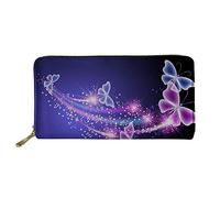 WELLFLYHOM Grand portefeuille en cuir avec fermeture éclair autour du porte-cartes pour femme, Dessin animé Papillons Violet, Large, Portefeuille de voyage