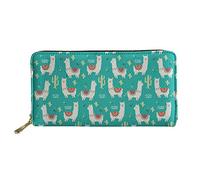 WELLFLYHOM Grand portefeuille en cuir avec fermeture éclair autour du porte-cartes pour femme, Lama Cactus Aqua, Large, Portefeuille de voyage