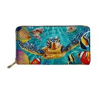WELLFLYHOM Grand portefeuille en cuir avec fermeture éclair autour du porte-cartes pour femme, Tortue turquoise, Large, Portefeuille de voyage