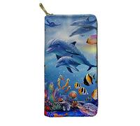 WELLFLYHOM Portefeuille avec pince à billets en cuir pour femme, pochette fine, organiseur de voyage, fermeture éclair, adolescent, étudiant, mignon, imprimé océan tropical, dauphin, poisson,