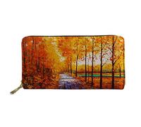 WELLFLYHOM Portefeuilles de voyage pour femme en cuir avec fermeture éclair et fentes pour cartes, Feuilles d'automne orange, Large, Portefeuille de voyage