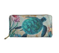 WELLFLYHOM Portefeuilles de voyage pour femme en cuir avec fermeture éclair et fentes pour cartes, Tortue de mer turquoise, Large, Portefeuille de voyage
