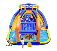 WELLFUNTIME Parc gonflable double toboggans avec souffleur, maison de rebond gonflable avec mur d'escalade, canon à eau, jeu de cible de tir à l'arc, pulvérisateur à rideau d'eau et piscine profonde