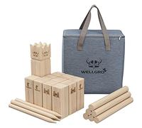 WELLGRO Jeu XL Kubb en bois pour 2 à 12 joueurs - Échecs suédois avec marque viking, finition de qualité supérieure et sac de transport, échecs viking