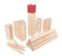 WELLGRO Kubb Jeu de 22 pièces pour 2 à 12 joueurs, en bois massif, roi rouge, jeu viking avec instructions de jeu et sac en filet - Jeu d'échecs de gazon suédois