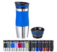 WELLGRO Mug isotherme 400 ml + 1 couvercle supplémentaire,Acier inoxydable,Poignée en silicone Soft Touch,Sans BPA,Gobelet isotherme à double paroi,Tasse à café à emporter partout,Couleur : bleu