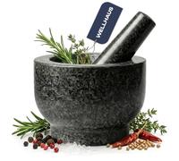 Wellhaus Mortier avec pilon - Granit XXL pierre naturelle - Grand broyeur à épices pour herbes, noix, ail, récipient en pierre massif, modèle lourd, accessoires de cuisine (noir)