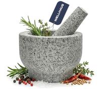Wellhaus Mortier avec pilon - Granit XXL pierre naturelle - Grand broyeur à épices pour herbes, noix, ail, récipient en pierre massif, modèle lourd, accessoires de cuisine (gris)