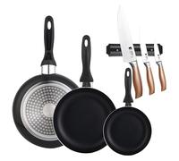 Wellhome Lot de 3 poêles 16/20/24 en aluminium pressé + lot de 3 couteaux en acier inoxydable avec support magnétique mural