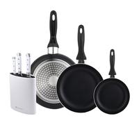 Wellhome Lot de 3 poêles 16/20/24 en aluminium pressé + lot de 3 couteaux en acier inoxydable + tacoma de couleur blanche