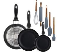 Wellhome Lot de 3 poêles 16/20/24 en aluminium pressé + lot de 5 ustensiles de cuisine en silicone et bois d'acacia