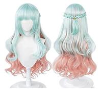 WELLHY Kuon Shinzaki Perruque High Rise Invasion Cosplay Perruque Longue Bleue Bouclée Perruque avec Frange Bleu Clair Rose Dégradé Ondulée Perruque Accessoires Coser Perruque