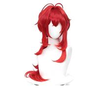 WELLHY Perruque Cosplay Genshin Impact Diluc Cosplay 60cm Cheveux Rouges Longs Bouclés Style Résistant à la Chaleur for Adulte Hommes Femmes Halloween Jeu de Rôle Anime Perruques for Coser