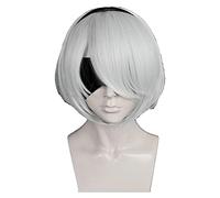 WELLHY Perruque Cosplay Nier: Automata 2B Yorha No. 2 Type B Héroïne Court Argent Blanc Bobo Résistant À La Chaleur Cosplay Costume Perruque (Pas Inclure Cache-Œil) for Coser