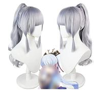 WELLHY Perruque de cosplay Genshin Impact perruque Anime Cosplay Kamisato Ayaka perruque queue de cheval perruque argentée avec capuchon de perruque gratuit for Halloween fête carnaval vie nocturne co