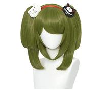 WELLHY Perruque Verte + 2 Clips d'ours Anime Pigtails Perruque de Cosplay for Monaca Towa avec queues de Cheval détachables Lolita Hair avec Frange for Halloween Party + Cap Coser Wig