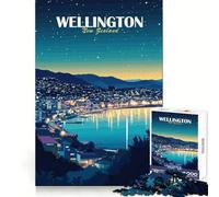 Wellington, Nouvelle-Zélande, Paysage Urbain Nocturne Puzzle de 1000 pièces pour Adolescents Stimule la mémoire Passe-Temps Relaxant Bords Nets Cadeau Unique (38x26cm)