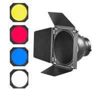 WELLMAKING Réflecteur standard à haute réflectivité + porte de grange Bowens avec grille en nid d'abeille et 4 filtres en gel de couleur pour lampes vidéo LED, éclairage de photographie continu