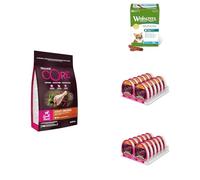 Wellness CORE Petit Chien, Poulet & Dinde + Pâtée Petit Chien,12 boîtes + Pâtée Petit Chien, Poulet & Canard, 12 boîtes + WHIMZEES Brosses à Dents Petit Chien, Friandises Dentaires, 30 Pièces