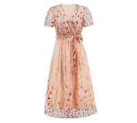 Wellwits Femme Robe de Soirée Vintage Midi en Dentelle avec Superposition en Tulle à Paillettes Brodées de Feuilles Col en V Croisé Ligne Cocktails Événements Formels Or Rose M