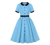 Wellwits Robe de Thé Vintage à Polka Dots, Boutons et Détails Plissés Bleu L