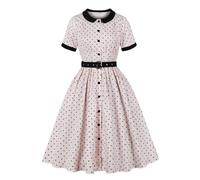 Wellwits Robe de Thé Vintage à Polka Dots, Boutons et Détails Plissés Rose Clair L
