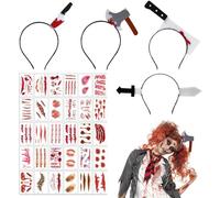 WELLXUNK 4 Pièces Bandeaux Halloween Horreur Serre-têtes en forme de couteau, 30 Tatouages Cicatrices Halloween, Bandeau de Zombie pour Terreur Vampire Carnaval Fête Mascarade Jeu de Rôle