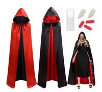 WELLXUNK Cape de Vampire d'Halloween, 150cm Cape Réversible de Vampire avec Capuche, Dents de Vampire, Faux Sang, Cape Noir Rouge Double Face pour Halloween Fête Costumes de Cosplay, Adulte Unisexe