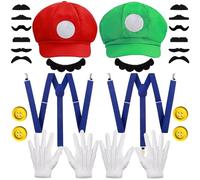 WELLXUNK Mario Chapeau Deguisement, Casquette Mario avec Gants Blancs et Barbes Collantes, Casquette Luigi, Deguisement Casquette Mario, Super Deguisement Mario Chapeau, pour Mardi Gras & Carnaval