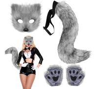 WELLXUNK Masque De Renard En Peluche, Masque à Furry Fox Tail Therian Paws, Costume de Renard en Fausse Fourrure avec Queue de Renard, Ensemble de Costumes de Renard Animal pour Halloween (M2)