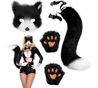 WELLXUNK Masque De Renard En Peluche, Masque à Furry Fox Tail Therian Paws, Costume de Renard en Fausse Fourrure avec Queue de Renard, Ensemble de Costumes de Renard Animal pour Halloween (M1)