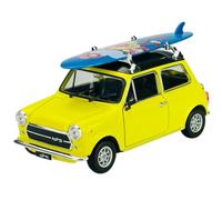 Welly Modèle de voiture compatible avec Mini Cooper 1300 jaune avec planche de surf jaune environ 1/24 1:24 en métal