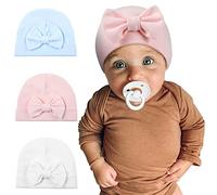 WELROG 3 Pièces Bonnet Naissance Fille - Chapeau de Nœud Papillon pour Bébés Filles Garçon Elastique Naissance Bébé Turban Bonnets M(1-5 Years) Pink+White+Blue