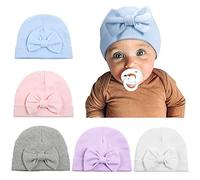 WELROG 5 Pièces Bonnet Naissance Fille - Chapeau de Nœud Papillon pour Bébés Filles Garçon Elastique Naissance Bébé Turban Bonnets M(1-5 Years) Pink+White+Blue+Gray+Purple