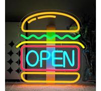 WELSAA Néon Enseignes lumineuses Decor Open Burger Enseigne Au Néon Décoration Murale Luminosité Réglable Lampe LED Alimentée Par USB Pour Snack Shop Home Party Restaurant Veilleuse 32cm×33cm