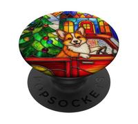 Welsh Corgi Chien de Noël Camion Vitrail Scène de Vacances PopSockets PopGrip Adhésif