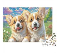 Welsh Corgi1000 Pièces De Puzzle Classique en Carton pour Enfants De 8 À 12 Ans,Deux Corgis dans Les Fleurs Puzzle D'activité De Loisirs Décoration Murale Puzzle De Plaisir du Week-end52x38cm/1000pcs
