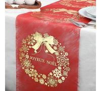 WELTRXE Chemin de Table Or Joyeux Noël 28cmx5m, Chemin de Table en Tissu Rouge avec Motifs à Couronne Dorés pour Noël, Emballage, Décoration