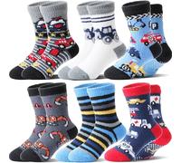 Welwoos Chaussettes Antidérapantes Enfant Garçon, Chaussettes Chaudes épaisses Hiver Chaussons Polaire pour Garçon, Chaussttes pilou pilou Enfant 6 paires Cadeau Noel (Cars & Trucks, 1-3 ans)