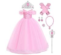 WEMEK Filles Cendrillon Costume Cinderella Princesse Robe longue + Accessoires Conte De Fées Halloween Carnaval Costumes Noël Anniversaire Fête Enfants Déguisements Rose Épaule Dénudée Set 5-6 ans