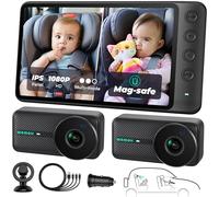 WEMOH Caméra magnétique double pour bébé en voiture pour deux enfants, écran IPS 1080P avec support magnétique, 3 modes (zoom/miroir/division), vision nocturne automatique, caméra de voiture alimentée