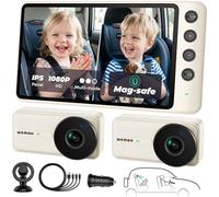 WEMOH N°1 Caméra de voiture magnétique double pour 2 bébés avec moniteur IPS 5" 1080P, vision nocturne automatique et montage magnétique, modes zoom/miroir/split, alimentée par USB, installation en 5