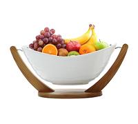WEMUBSU Grand bol à fruits en céramique avec support en bois et passoire, corbeille à fruits pour comptoir de cuisine, centre de table, fête, bar, grand bol de service à salade, moderne, blanc