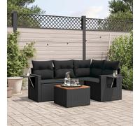 WEMYUFURN Ensemble de canapé 5 pièces en polyrotin noir avec coussins, meubles de jardin modulaires pour terrasse, table d'appoint avec plateau en bois d'acacia et étagères pliables