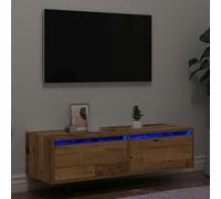 WEMYUFURN Meuble TV avec lumières LED aspect bois vieilli - Avec tiroirs - Buffet suspendu - 100 x 35,5 x 25 cm