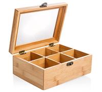 wenco Boîte à thé de qualité supérieure avec 6 compartiments, 21,7 x 16 x 9 cm, bambou, marron clair