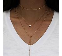 Wendalern Boho Layered Heart Necklace Gold Heart Choker Necklace Long Beaded Chain Necklace Multilayer Love Heart Necklace Jewelry for Women Girls